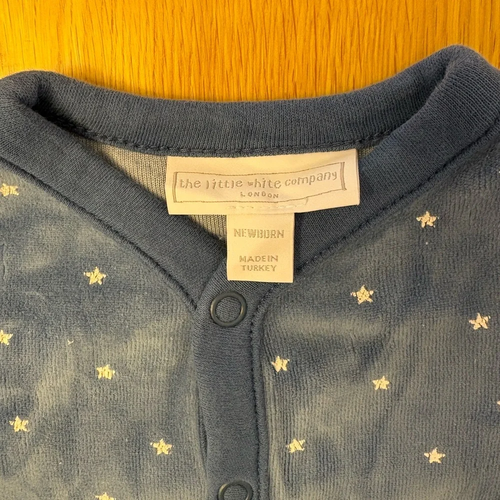 The White Company Blue Onesie with White Stars with matching mittens